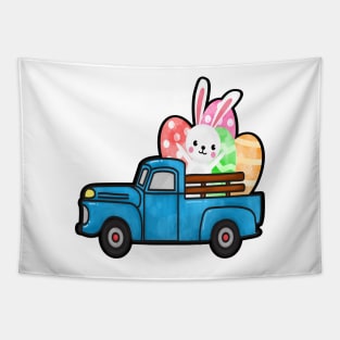 Easter Rabbit Eggs Blue Truck Tapestry