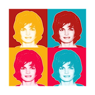 Jackie Kennedy in bright Pop Art colors; collage portrait in pink, red, teal, and yellow T-Shirt