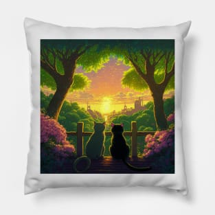 Adorable Two Cats Looking At Sunset Nirvana Pillow