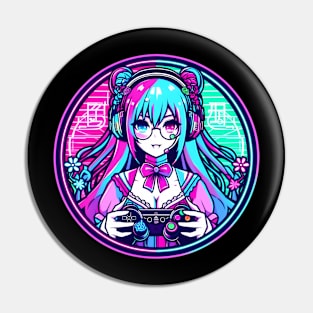 Neon pink blue gamer girl Pin