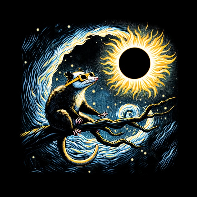 Nighttime Nomad: Opossum Eclipse Adventure Tee for Wildlife Enthusiasts by ArtByJenX