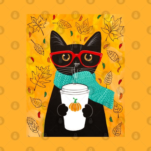 Autumn Coffee Black Cat by KilkennyCat Art