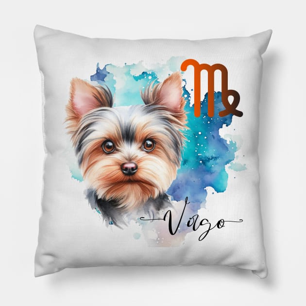 Virgo Zodiac Sign Cute Yorkshire Terrier watercolor art Pillow by AdrianaHolmesArt