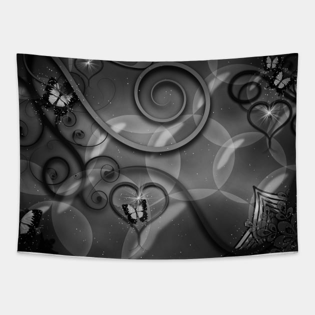 Hearts Twinkling, Vines Creeping, Butterflies Flying, Bubbles Floating , Flowers & Leaves in a Fantasy World of Black & White Tapestry by karenmcfarland13