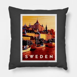 Sweden Waterfront Harbor Boats Docked Scene Print Pillow