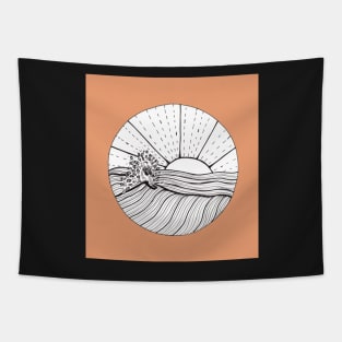 Surfing Abstract Ink Illustration with a coral  background Tapestry