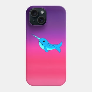 Cute blue cartoon narwhal on neon pink purple background Phone Case