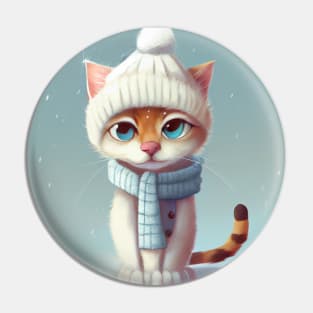 Cute Cat with a Scarf and Hat in Winter Scenery Pin