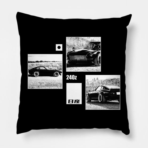 NISSAN DATSUN 240Z FAIRLADY Black 'N White Archive (Black Version) Pillow by Cero