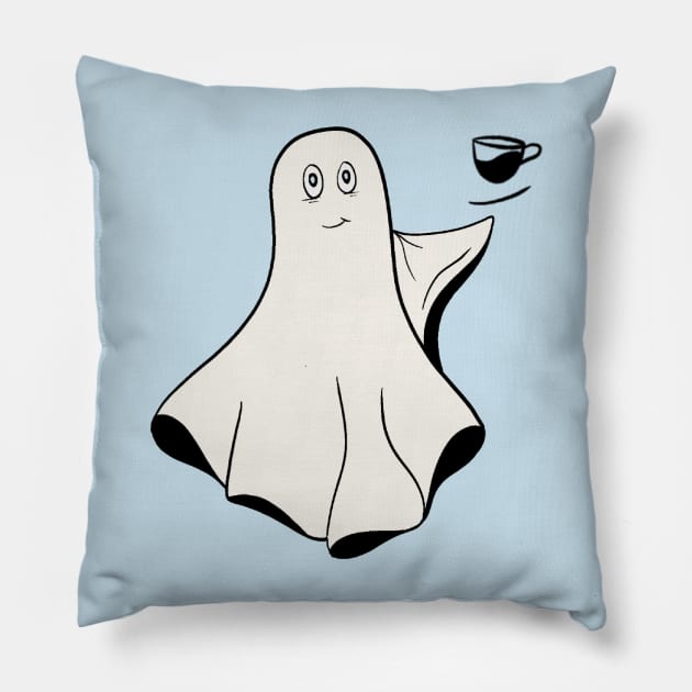 Cute Halloween Ghost Holding Coffee Pillow by Holailustra
