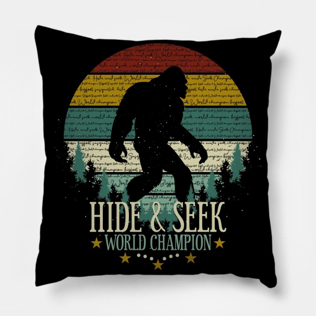 Hide and Seek World Champion Retro Vintage Bigfoot Sunset Pillow by Tesszero