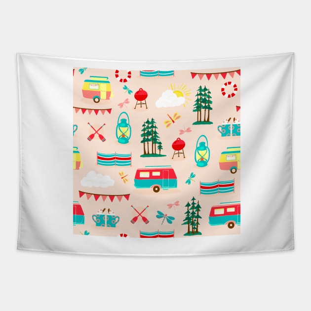 Vintage campsite with caravans repeat pattern Tapestry by NattyDesigns