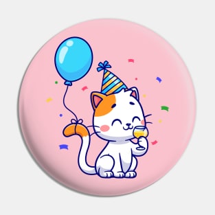 Cute Cat Birthday Party With Balloon Cartoon Pin