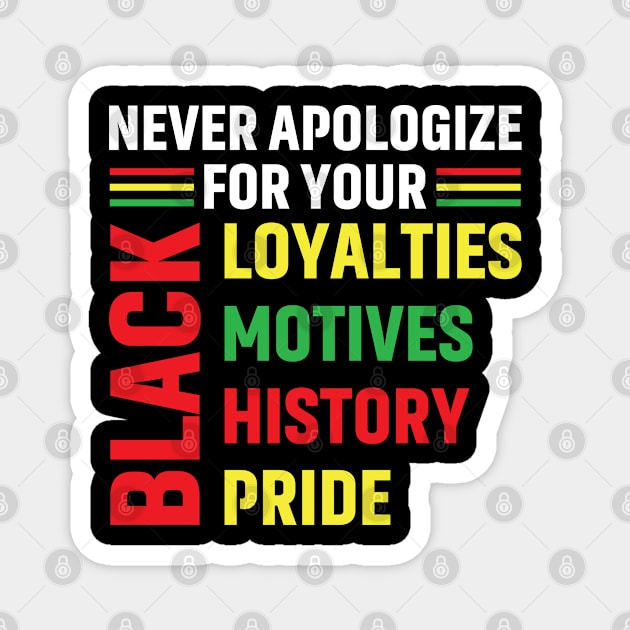 Never Apologize for you Black Loyalties, Motives, History and Pride Magnet by UrbanLifeApparel