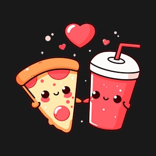 Kawaii Pepperoni Pizza Slice and Cola Drink with Hearts | Pizza and Chill | Pizza Lovers T-Shirt