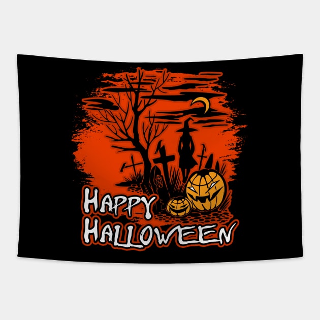 Happy Halloween Witch And Pumpkins Tapestry by RadStar