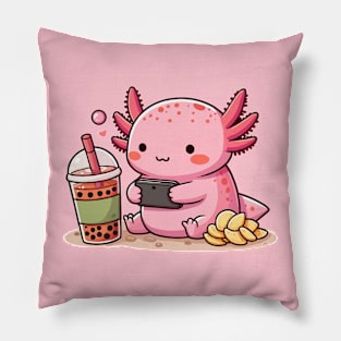 cute axolotl enjoying games and boba Pillow