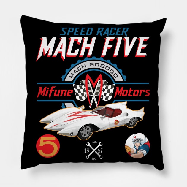Speed Racer Mach 5 Mifune Motors Pillow by Alema Art