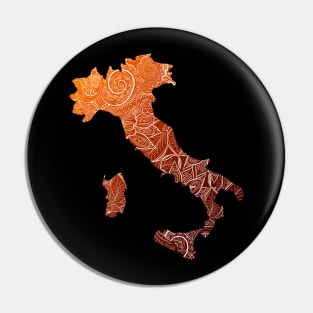 Colorful mandala art map of Italy with text in brown and orange Pin