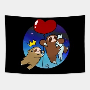 Heart Balloon Sloths and Cats - Night Sky Tapestry