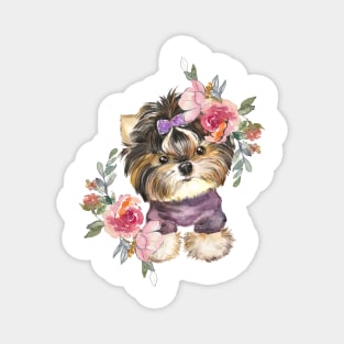 Cute Yorkshire Terrier Yorkie Puppy and Flowers Watercolor Art Magnet