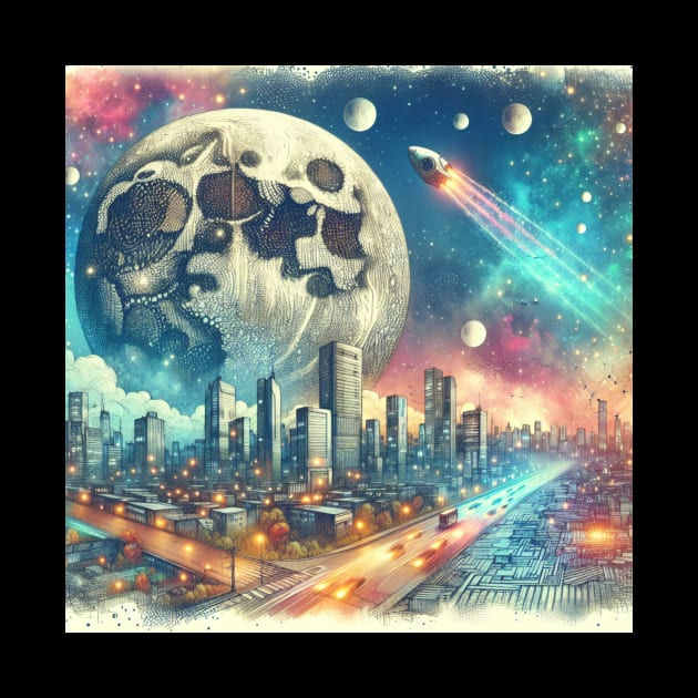 Surreal Collage Art City Moon Spaceship Drawing by Dezinesbyem Designs