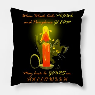 Curious Black Cat with Ghost Candle Pillow