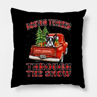 Christmas Boston Terrier Through The Snow Dog Santa Truck Tree Pillow