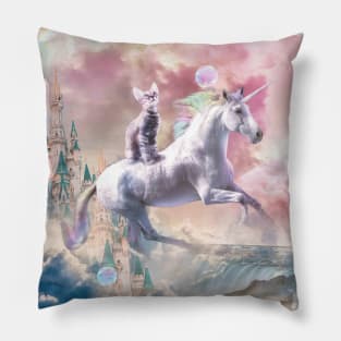 Rainbow Galaxy Cat Riding Unicorn In Space Pillow