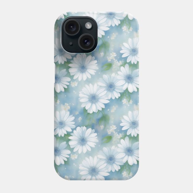 Watercolor Blue Green Pattern With Big White Daisy Phone Case by Victoria's Store