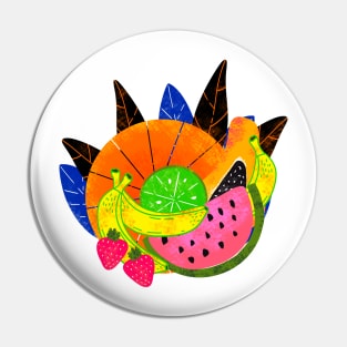 Pink Y2K Summer Aesthetic Wild Exotic Tropical Fruit Smoothie Maximalist Pattern With Mango, Papaya, Watermelon, Banana, Lime And Strawberry Pin