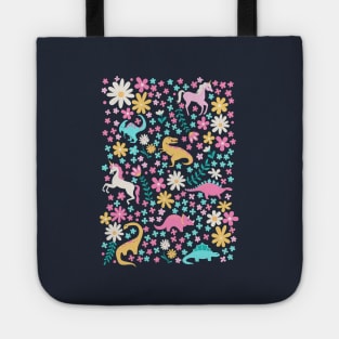 Floral Burst of Dinosaurs and Unicorns in Neon Tote