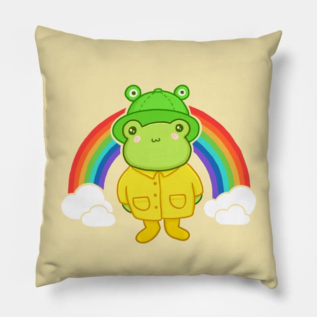 Step into a Magical World with Our Cool Frog in a Frog Hat Standing Proudly Under a Vibrant Rainbow Pillow by Ministry Of Frogs
