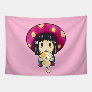 Mushroom Girl With Cat Cute Kawaii Anime Fun Tapestry