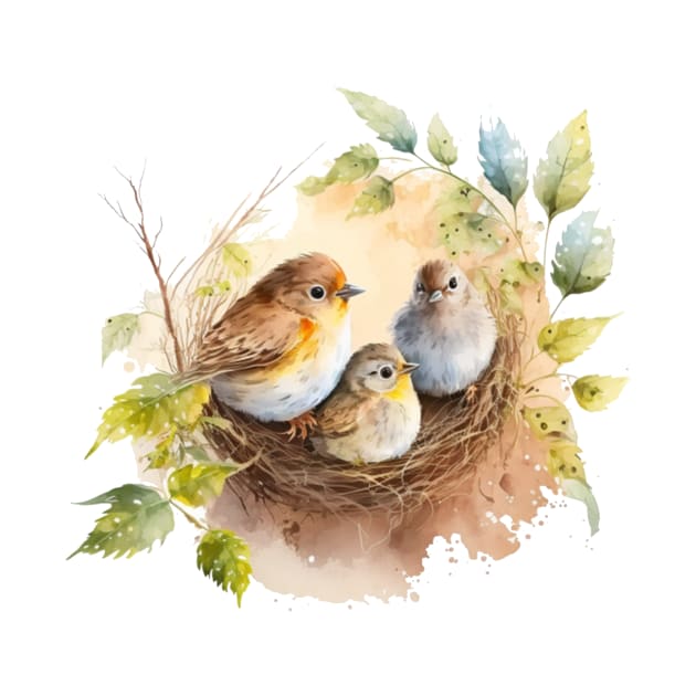 Birds on the nest watercolor by KAWAIIBYHM