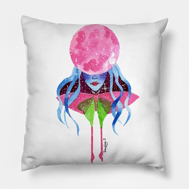 Luna Moth Girl Moon Watercolor Painting Pillow by Celestial Hue