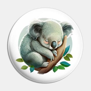 A sleeping koala on a branch with leaves Pin