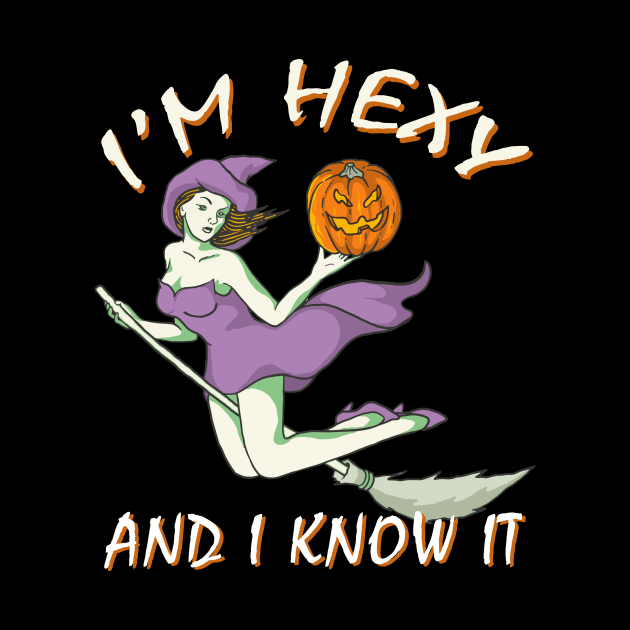 Witch on a Broom with Hexy Saying by Halloween Merch