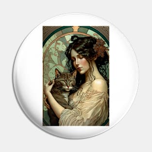 Woman holding Cat - Art Nouveau Style Pin