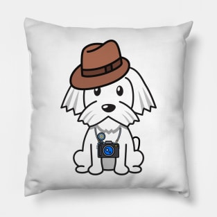 Cute white dog is holding a camera Pillow