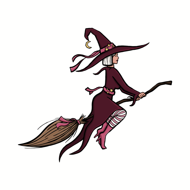 Hot witch modern and stylish purple and pink witch on her broomstick cute cartoon digital illustration by AlmightyClaire