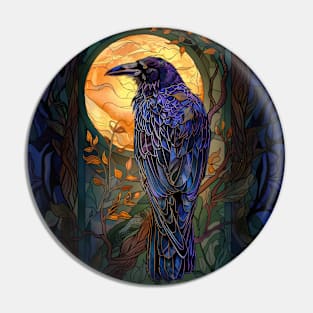 Beautiful Raven in a Forest with Full Moon - stained glass effect Pin