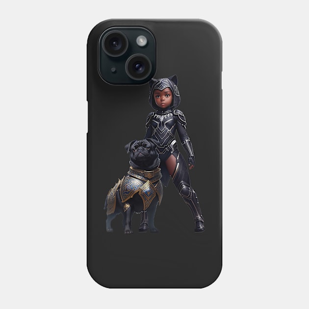 Black Pug Puppy in Gold Armor and Heroic African Princess Phone Case by fur-niche