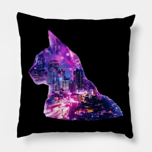 Cat and city double exposure effect Pillow