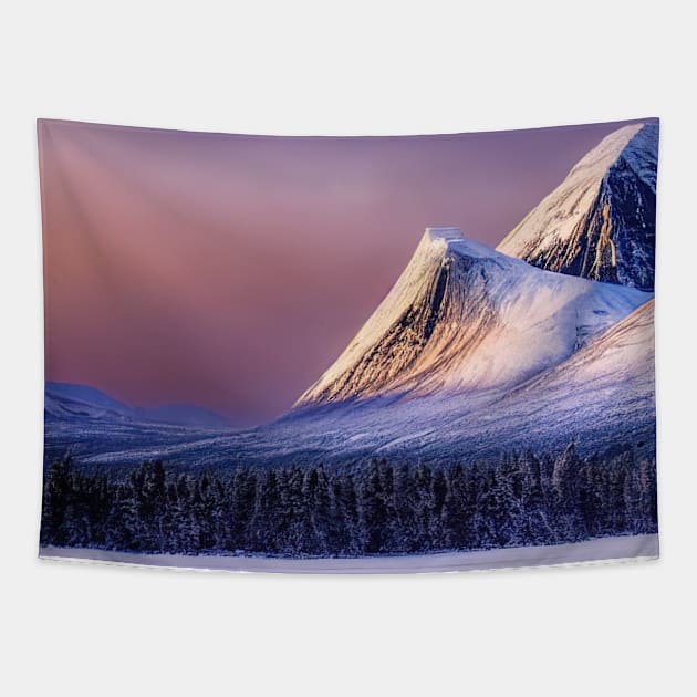 View of the giant mountains that are behind the icy lake and the winter forest Tapestry by Alekxemko