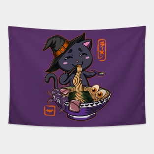 Halloween Kawaii chibi Ramen Magical Witch Black cat monster design Tapestry