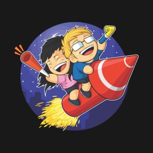 Boy and Girl Riding New Year Firework T-Shirt