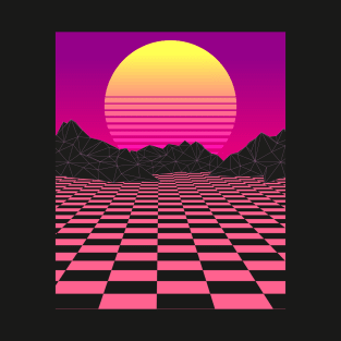 Vaporwave Sunset Mountains Pink Checkerboard Retro T-Shirt