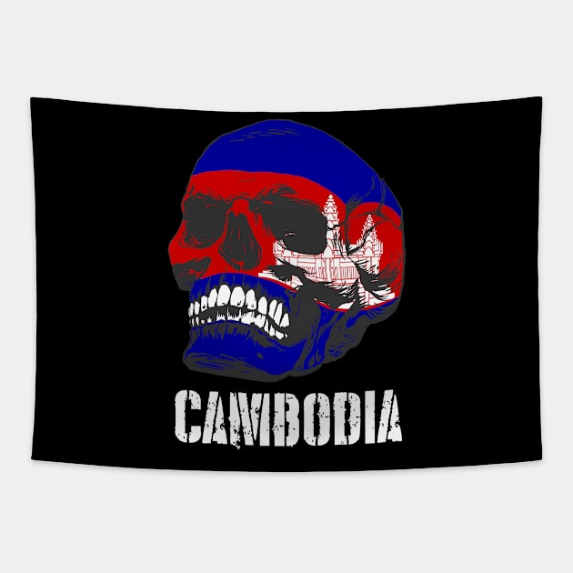 Cambodia Flag Skull Cambodian Pride Patriotic Tapestry by TheBeardComic