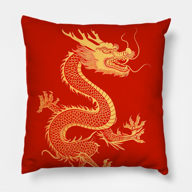 Chinese Golden Dragon on a Lucky Red Background: Chinese New Year, Year of the Dragon on a Dark Background Pillow by Puff Sumo